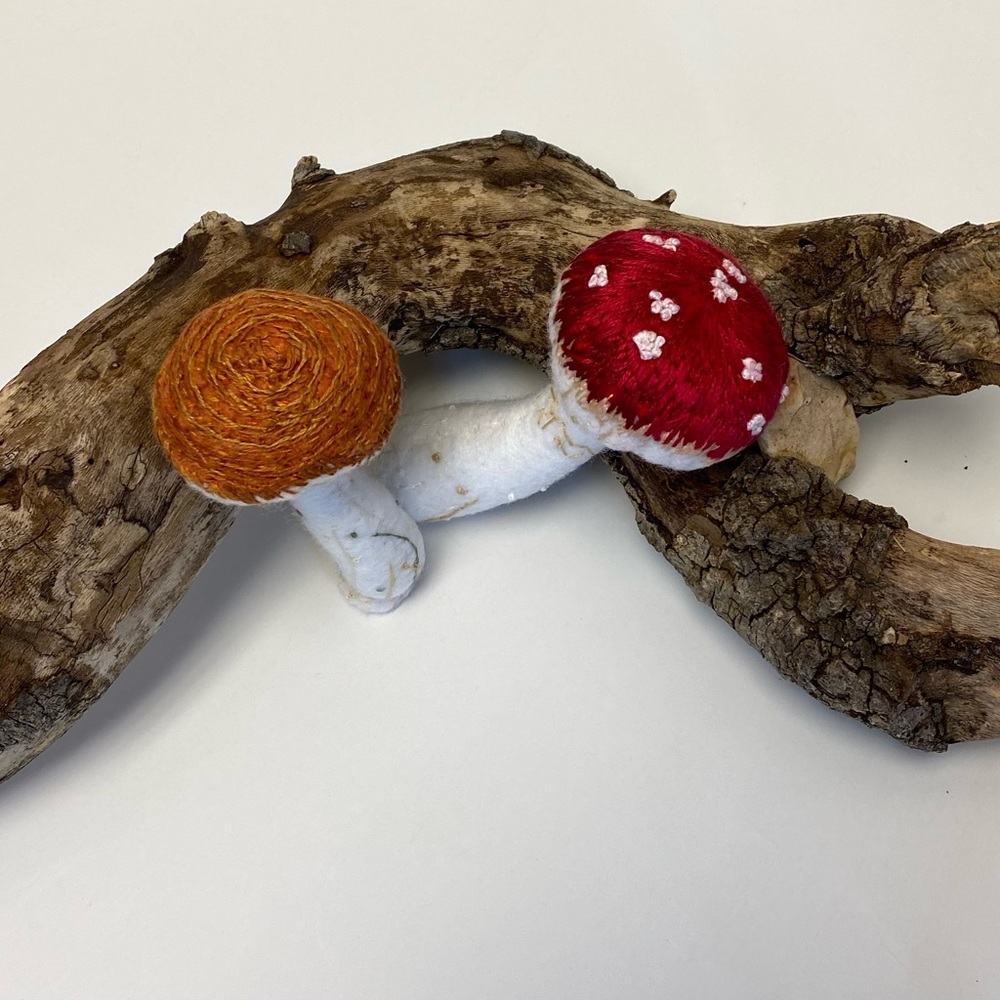Hand Sewn Felt Mushroom Set of 2 Bowl Fillers Hand Embroidered Details - Picture 4 of 5